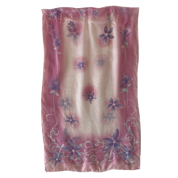 Balmain Vintage Pink Purple Multicolor Floral 100% Silk Scarf
